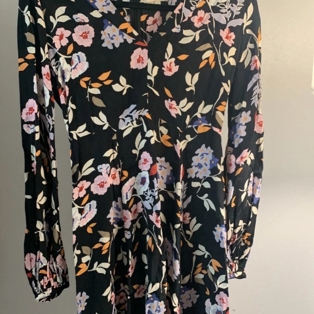 Floral Long-Sleeve V-Neck Dress S- Black with Pink & Lavender Flowers
